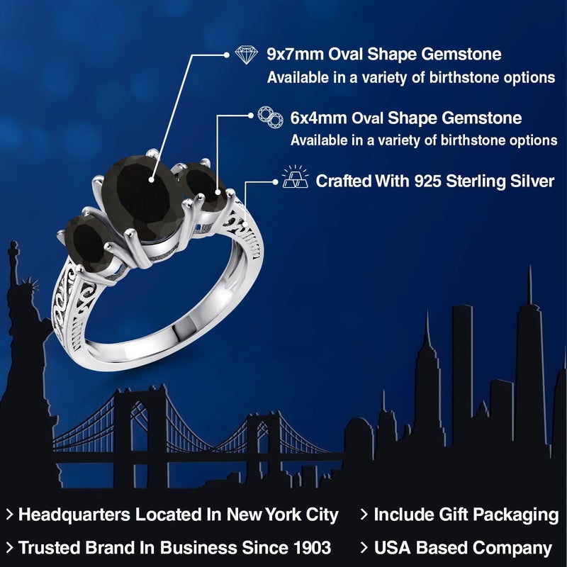 Gem Stone King 2-3 Cttw Gemstone Birthstone 3-Stone Engagement Ring | 925 Sterling Silver | Three Stone Wedding Anniversary Promise Ring For Women | Oval 9X7MM and 6X4MM | Available in Size 5-9 - Image 2